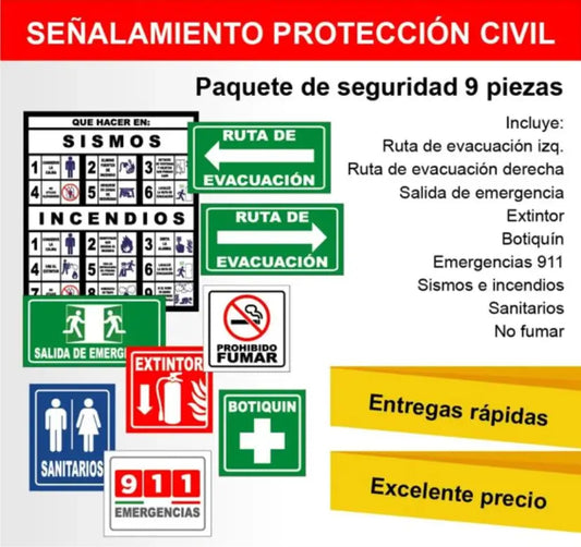 Kit de 9 Señalamientos de Seguridad en Estireno Calibre 30 | Protección Civil México